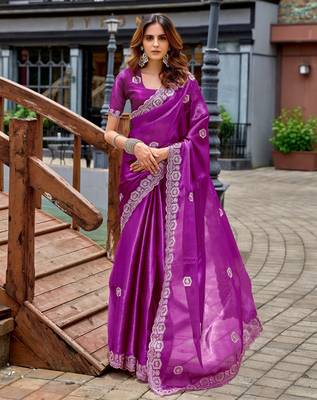 Purple shimmer chiffon embroidery saree with unstitched blouse piece 1
