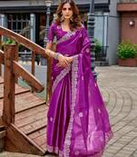 Purple shimmer chiffon embroidery saree with unstitched blouse piece