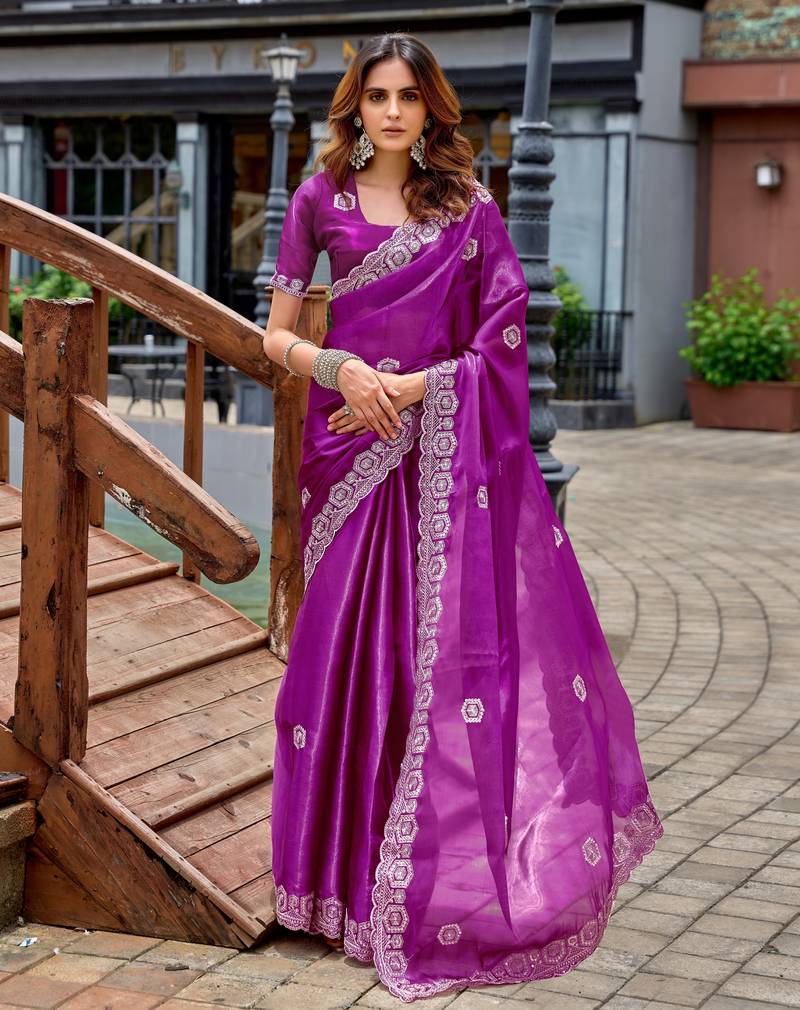 Purple soft shimmer chiffon embroidery work designer party wear festive saree with unstitched blouse piece