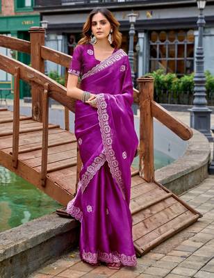 Purple shimmer chiffon embroidery saree with unstitched blouse piece 2