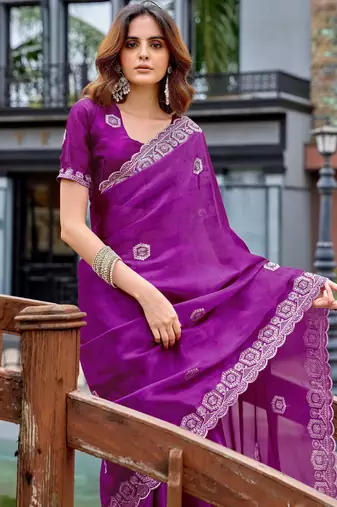 Purple shimmer chiffon embroidery saree with unstitched blouse piece
