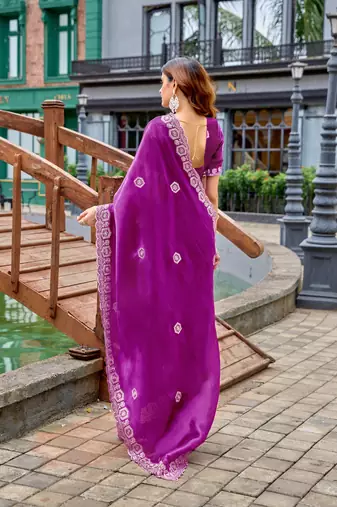 Purple shimmer chiffon embroidery saree with unstitched blouse piece