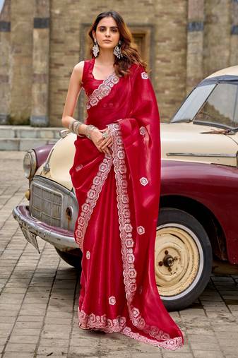 Red soft shimmer chiffon embroidery work designer party wear festive saree with unstitched blouse piece