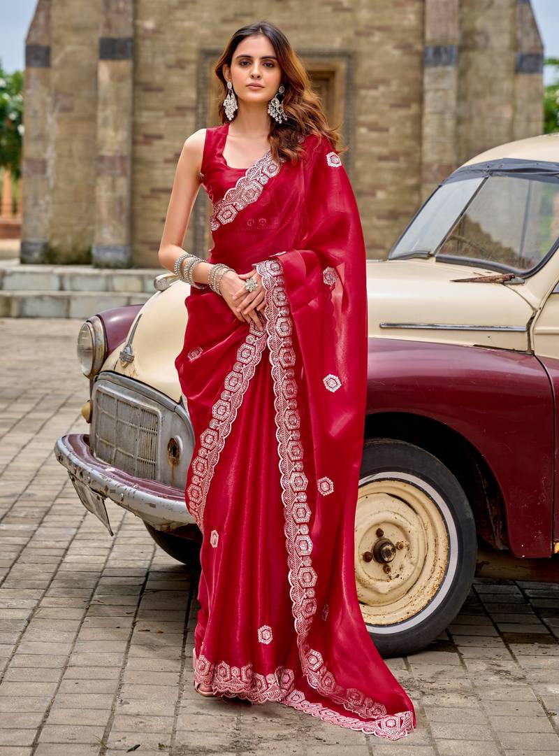 Red soft shimmer chiffon embroidery work designer party wear festive saree with unstitched blouse piece