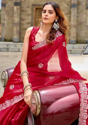 Red shimmer chiffon embroidery saree with unstitched blouse piece 2