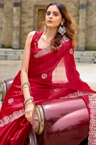 Red shimmer chiffon embroidery saree with unstitched blouse piece