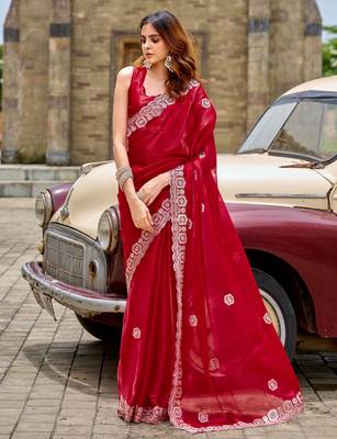 Red shimmer chiffon embroidery saree with unstitched blouse piece 3