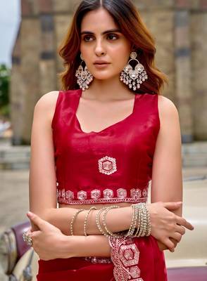 Red shimmer chiffon embroidery saree with unstitched blouse piece 5