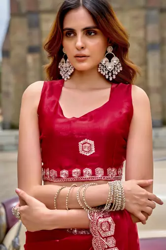 Red shimmer chiffon embroidery saree with unstitched blouse piece