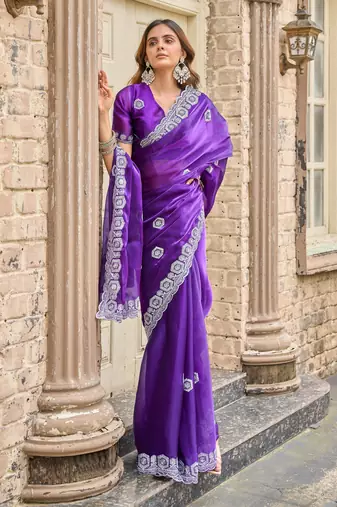 Plum soft shimmer chiffon embroidery work designer party wear festive saree with unstitched blouse piece