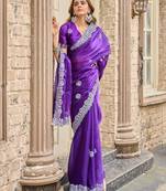 Plum shimmer chiffon embroidery saree with unstitched blouse piece