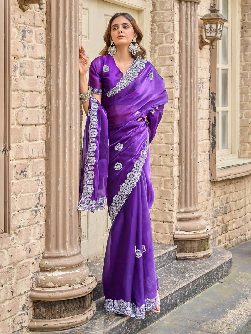 Plum soft shimmer chiffon embroidery work designer party wear festive saree with unstitched blouse piece
