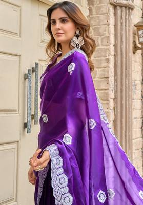 Plum shimmer chiffon embroidery saree with unstitched blouse piece 2