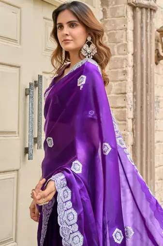 Plum shimmer chiffon embroidery saree with unstitched blouse piece