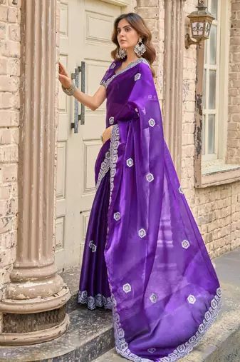 Plum shimmer chiffon embroidery saree with unstitched blouse piece
