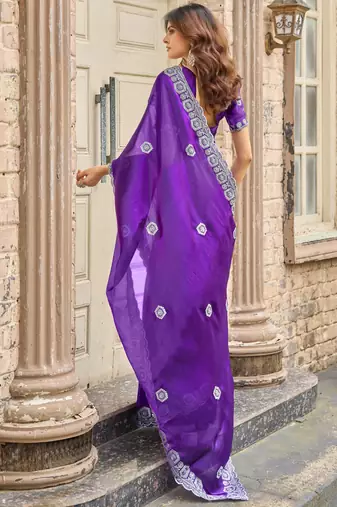 Plum shimmer chiffon embroidery saree with unstitched blouse piece