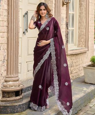 Wine shimmer chiffon embroidery saree with unstitched blouse piece 1