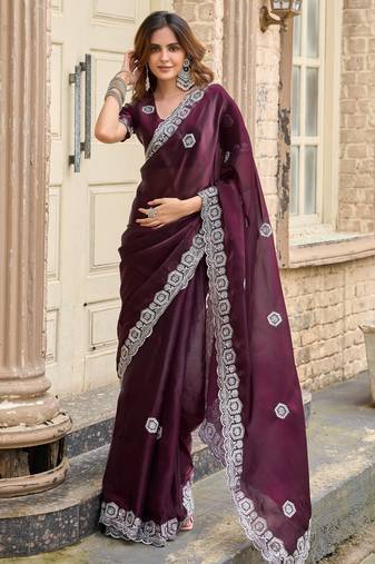 Wine soft shimmer chiffon embroidery work designer party wear festive saree with unstitched blouse piece