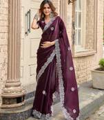 Wine shimmer chiffon embroidery saree with unstitched blouse piece