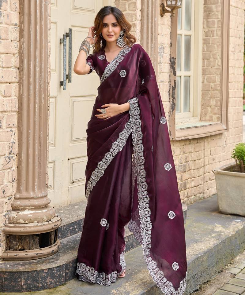 Wine soft shimmer chiffon embroidery work designer party wear festive saree with unstitched blouse piece