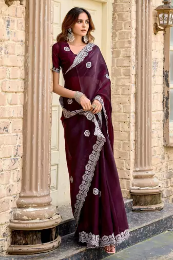 Wine shimmer chiffon embroidery saree with unstitched blouse piece