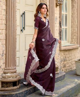 Wine shimmer chiffon embroidery saree with unstitched blouse piece 3