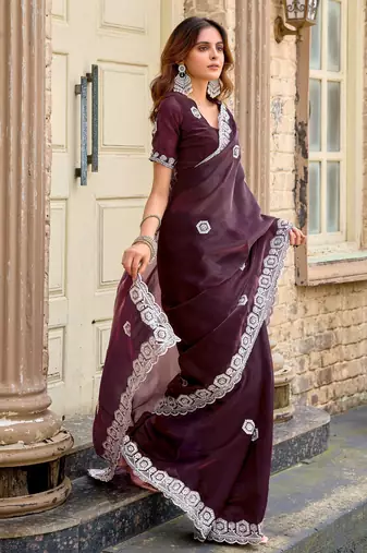 Wine shimmer chiffon embroidery saree with unstitched blouse piece