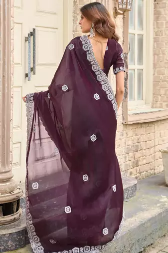 Wine shimmer chiffon embroidery saree with unstitched blouse piece
