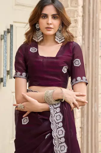 Wine shimmer chiffon embroidery saree with unstitched blouse piece