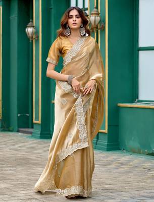Gold shimmer chiffon embroidery saree with unstitched blouse piece 1