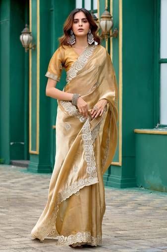 Gold soft shimmer chiffon embroidery work designer party wear festive saree with unstitched blouse piece