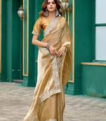 Gold shimmer chiffon embroidery saree with unstitched blouse piece