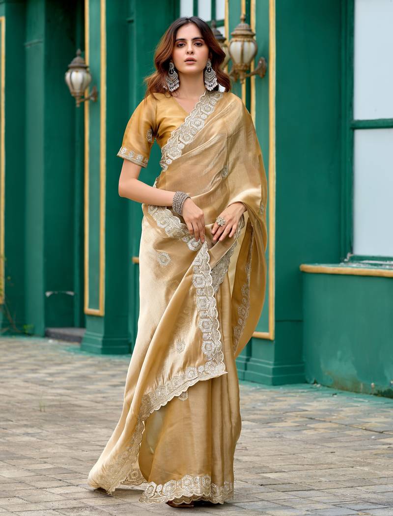 Gold soft shimmer chiffon embroidery work designer party wear festive saree with unstitched blouse piece