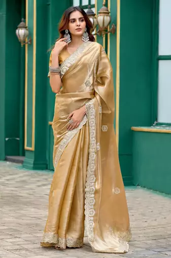 Gold shimmer chiffon embroidery saree with unstitched blouse piece