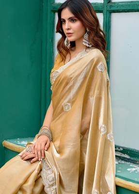 Gold shimmer chiffon embroidery saree with unstitched blouse piece 3