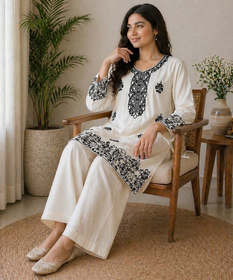 Trendy rayon cotton embroidered co-ord set for women