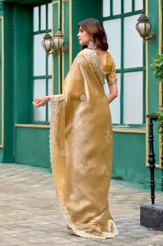 Gold shimmer chiffon embroidery saree with unstitched blouse piece