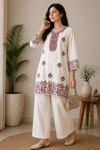 Trendy rayon cotton embroidered co-ord set for women