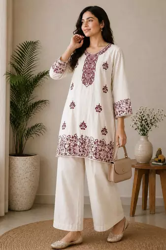 Trendy rayon cotton embroidered co-ord set for women