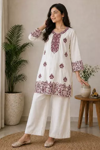 Trendy rayon cotton embroidered co-ord set for women