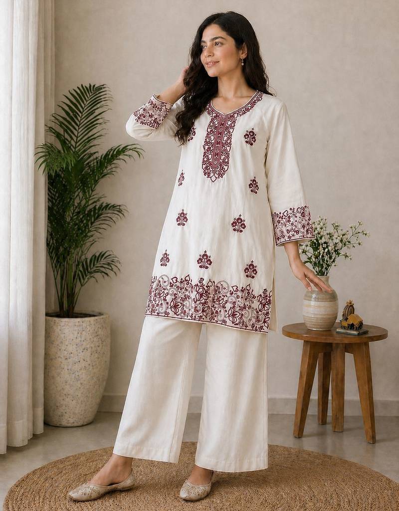Trendy rayon cotton embroidered co-ord set for women