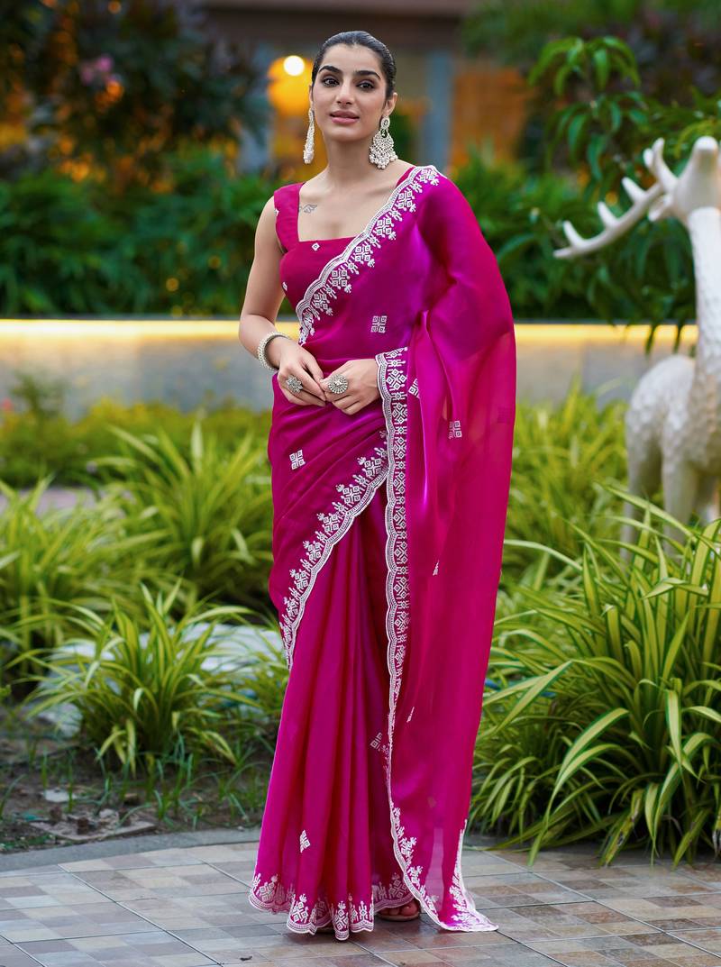 Rani pink soft shimmer chiffon embroidery work designer party wear festive saree with unstitched blouse piece