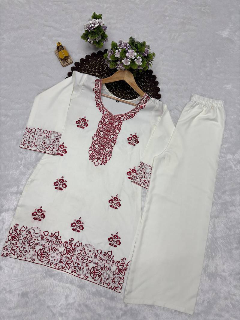Trendy rayon cotton embroidered co-ord set for women