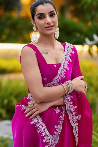 Rani pink shimmer chiffon embroidery saree with unstitched blouse piece