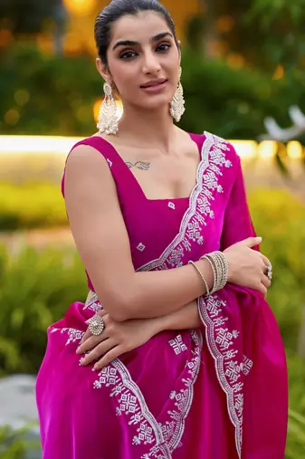 Rani pink shimmer chiffon embroidery saree with unstitched blouse piece