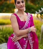Rani pink shimmer chiffon embroidery saree with unstitched blouse piece