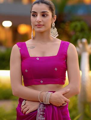 Rani pink shimmer chiffon embroidery saree with unstitched blouse piece 5