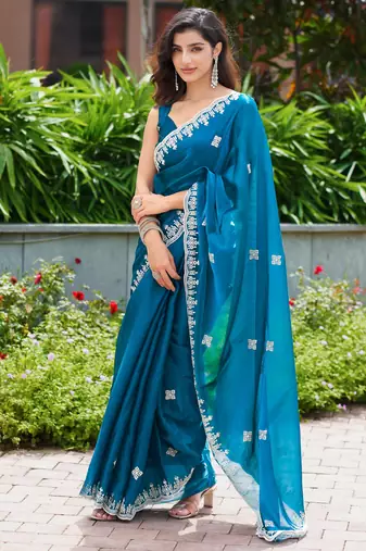 Morpich shimmer chiffon embroidery saree with unstitched blouse piece
