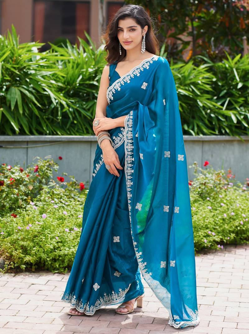 Morpich soft shimmer chiffon embroidery work designer party wear festive saree with unstitched blouse piece
