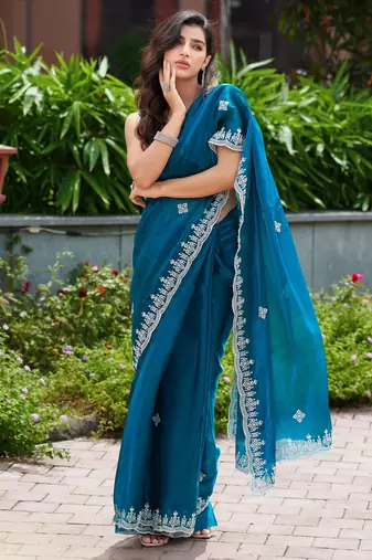 Morpich shimmer chiffon embroidery saree with unstitched blouse piece